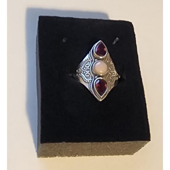 6mm Round Pink Opal with 1.75ctw Raspberry Rhodolite Sterling Silver Ring - Picture 1 of 5